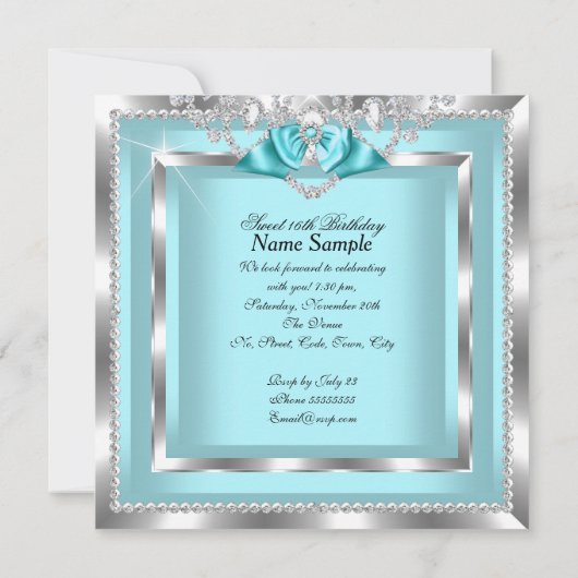 Invitation Sweet 16 Seteen Turquoise Blue Silver Diamond Part (Dos)