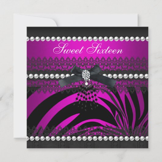 Invitation Sweet 16 Seteen Zebra Hot rose Black Pearl dentell (Devant)