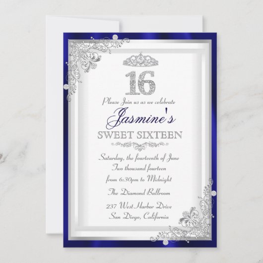 Invitation Sweet 16 Silver Blue Diamond Damask & T (Devant)
