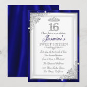 Invitation Sweet 16 Silver Blue Diamond Damask & T (Devant / Derrière)