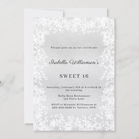 Invitation Sweet 16 silver snowflakes elegant party (Devant)