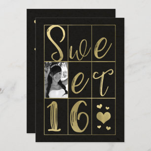Invitation SWEET 16 SIXTEEN Gold & Black Hearts Photo