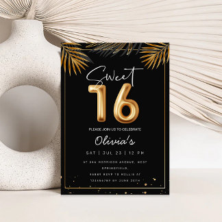 Invitation Sweet 16 Sixteenth With Golden Tropical Leaves
