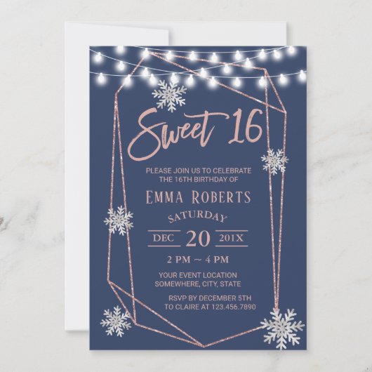 Invitation Sweet 16 Snowflakes Géométrique Rose Gold Navy Ble (Devant)