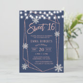 Invitation Sweet 16 Snowflakes Géométrique Rose Gold Navy Ble (Debout devant)