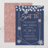 Invitation Sweet 16 Snowflakes Géométrique Rose Gold Navy Ble (Devant / Derrière)