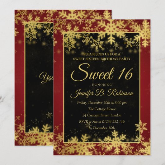 Invitation Sweet 16 Snowflakes Red & Gold Foil Anniversaire (Devant / Derrière)