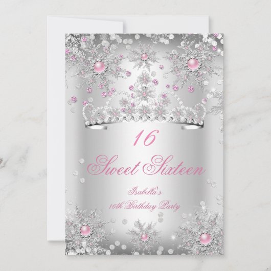 Invitation Sweet 16 Snowflakes rose Silver Winter Wonderland (Devant)