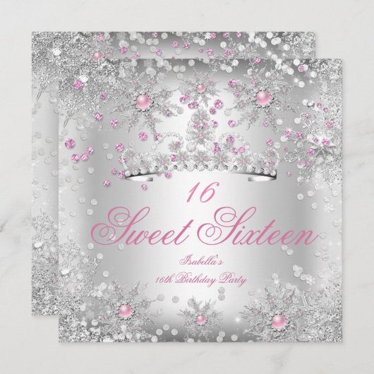 Invitation Sweet 16 Snowflakes rose Silver Winter Wonderland (Devant / Derrière)