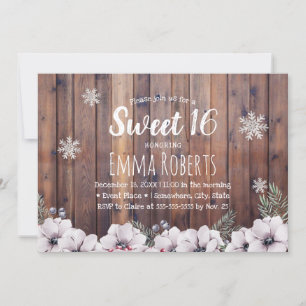 Invitation Sweet 16 Snowflakes Rustiques Floraux d'hiver