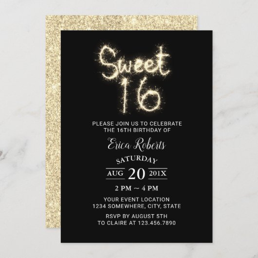 Invitation Sweet 16 Sparkler Parties scintillant d'or moderne (Devant / Derrière)