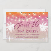 Invitation Sweet 16 String Lights Pink Beach Palm Trees (Devant)