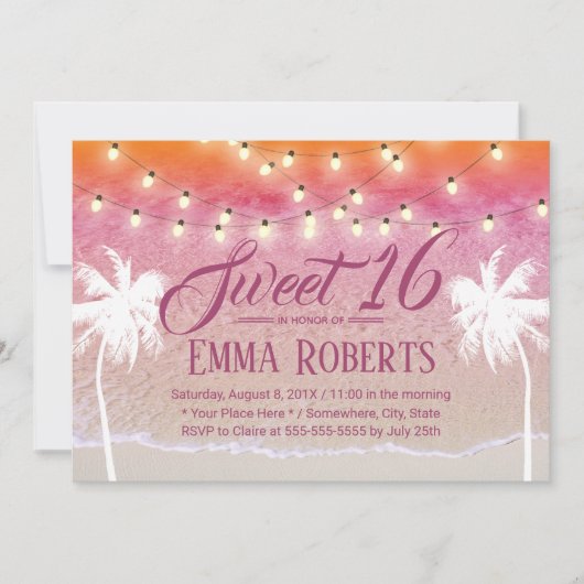 Invitation Sweet 16 String Lights Pink Beach Palm Trees (Devant)