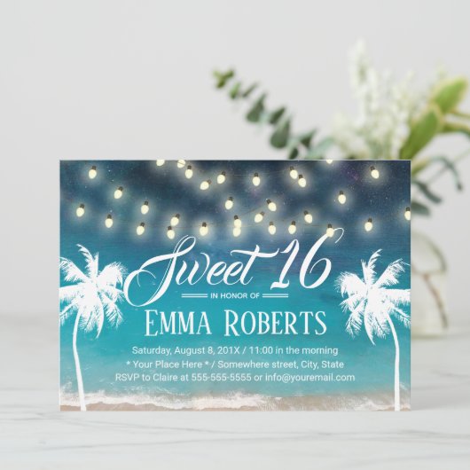 Invitation Sweet 16 String Lights Summer Beach Palm Trees (Debout devant)
