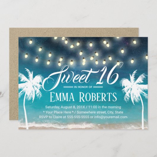 Invitation Sweet 16 String Lights Summer Beach Palm Trees (Devant / Derrière)