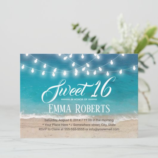 Invitation Sweet 16 Summer Beach & String Lights (Debout devant)