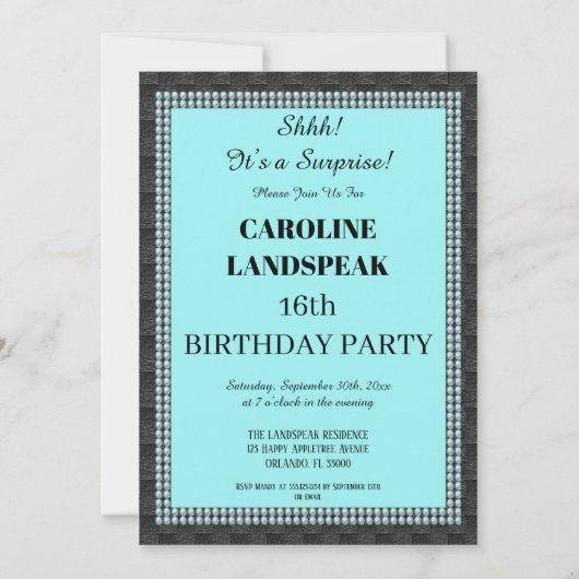 Invitation Sweet 16 Surprise Party Turquoise Blue Soie & Perl (Dos)