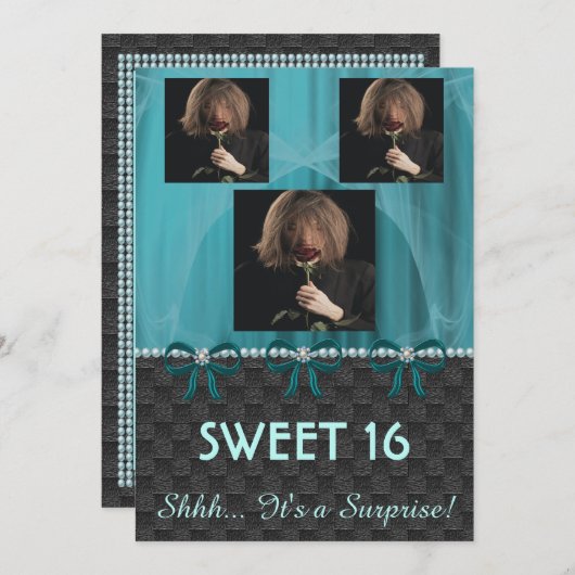Invitation Sweet 16 Surprise Party Turquoise Blue Soie & Perl (Devant / Derrière)