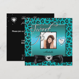 Invitation Sweet 16 Sweet sixteen Turquoise Léopard noir phot