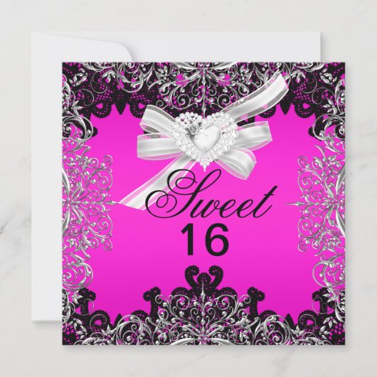 Invitation Sweet 16 Sweets sixteens Hot rose blanc noir dente (Devant)