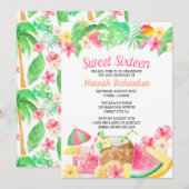 Invitation Sweet 16 thème hawaïen Aquarelle Luau Party (Devant / Derrière)