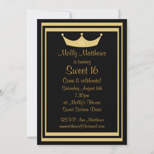 Invitation Sweet 16 Tiara Black & Gold personnalisable (Devant)