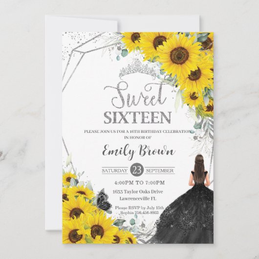 Invitation Sweet 16 Tournesol Floral Robe Noire Argent (Devant)