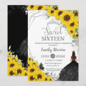 Invitation Sweet 16 Tournesol Floral Robe Noire Argent (Devant / Derrière)