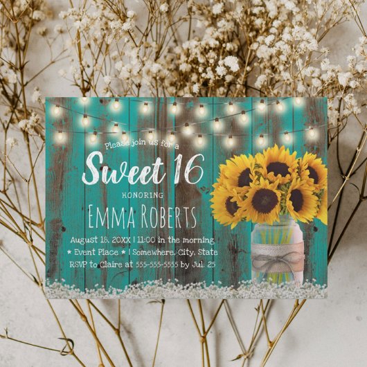 Invitation Sweet 16 Tournesol rustique Jar Grange Turquoise B