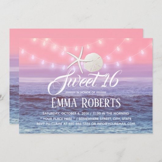 Invitation Sweet 16 Tropical Beach Starfish & Sand Dollar (Devant / Derrière)