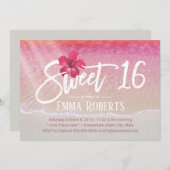 Invitation Sweet 16 Tropical Pink Beach Red Flower (Devant / Derrière)