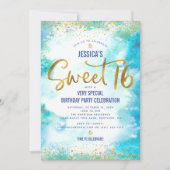 Invitation Sweet 16 Turquoise Aquarelle Or Anniversaire Moder (Devant)