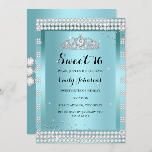 Invitation Sweet 16 Turquoise Blue Sparkle Tiara fête d'anniv (Devant / Derrière)