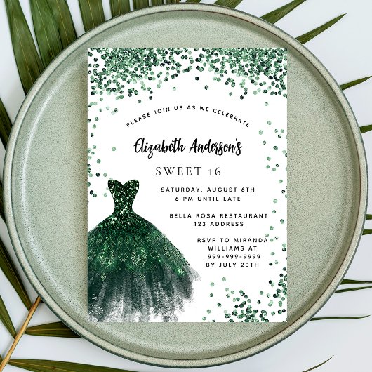Invitation Sweet 16 vert émeraude robe parties scintillant lu