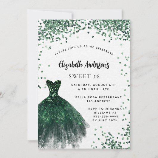 Invitation Sweet 16 vert émeraude robe parties scintillant lu (Devant)