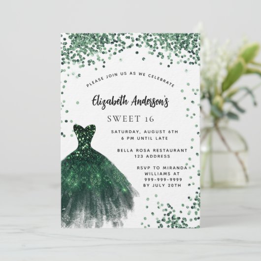 Invitation Sweet 16 vert émeraude robe parties scintillant lu (Debout devant)