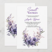 Invitation Sweet 16 Vintage Purple Floral Wreath Anniversaire (Devant / Derrière)