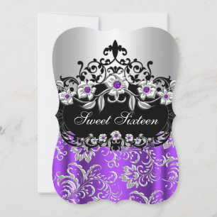 Invitation Sweet 16 Violet Argent Noir Floral Joyau Fête