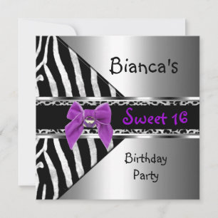 Invitation Sweet 16 Violet Argent Noir Zèbre Léopard