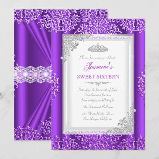 Invitation Sweet 16 Violet Dentelle argentée Damas Tiara (Devant / Derrière)