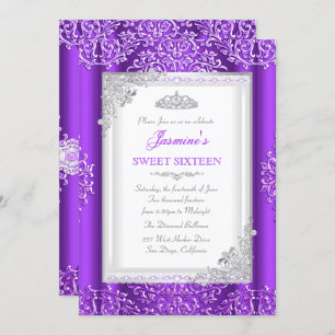 Invitation Sweet 16 Violet Dentelle argentée Damas Tiara