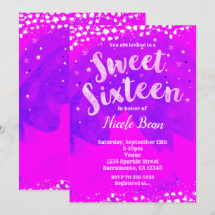 Invitation Sweet 16 Violet et Rose Fille Tendance Moderne Fêt