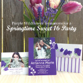 Invitation Sweet 16 violet, Fleurs blanches fête d'anniversai