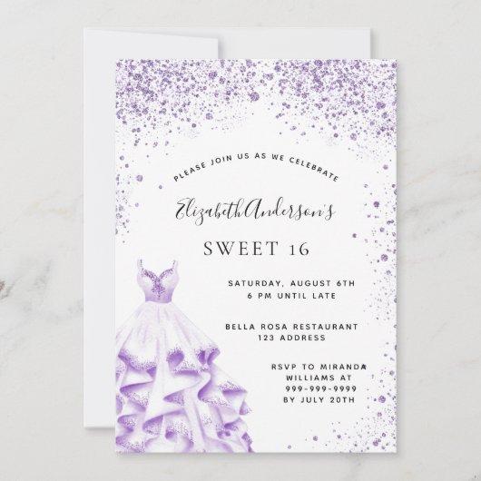 Invitation Sweet 16 violet robe blanche parties scintillant g (Devant)