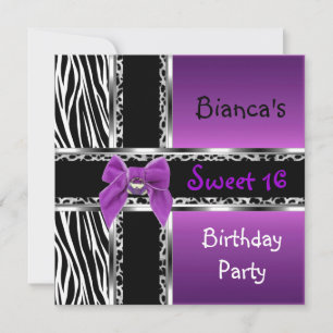 Invitation Sweet 16 violet rose argent noir Zèbre noir Léopar