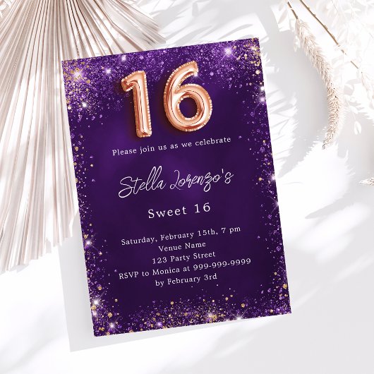 Invitation Sweet 16 violet rose or luxe