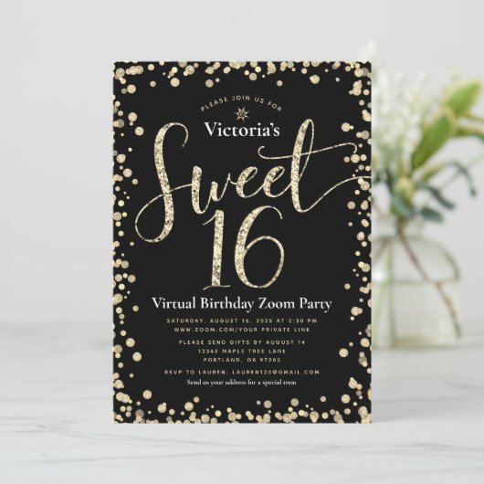 Invitation Sweet 16 Virtual Girly Gold Parties scintillant no (Debout devant)