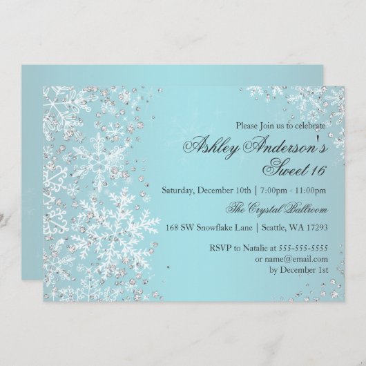 Invitation Sweet 16 Winter Wonderland Sparkle Snowflakes (Devant / Derrière)