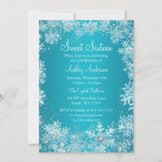 Invitation Sweet 16 Winter Wonderland Sparkle Snowflakes (Devant)