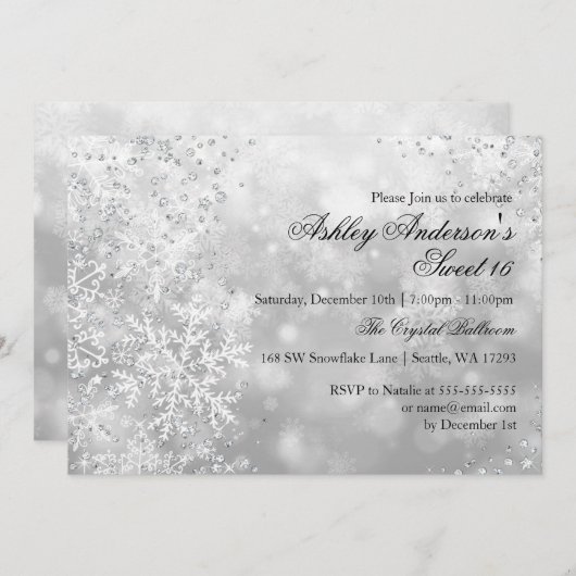 Invitation Sweet 16 Winter Wonderland Sparkle Snowflakes (Devant / Derrière)